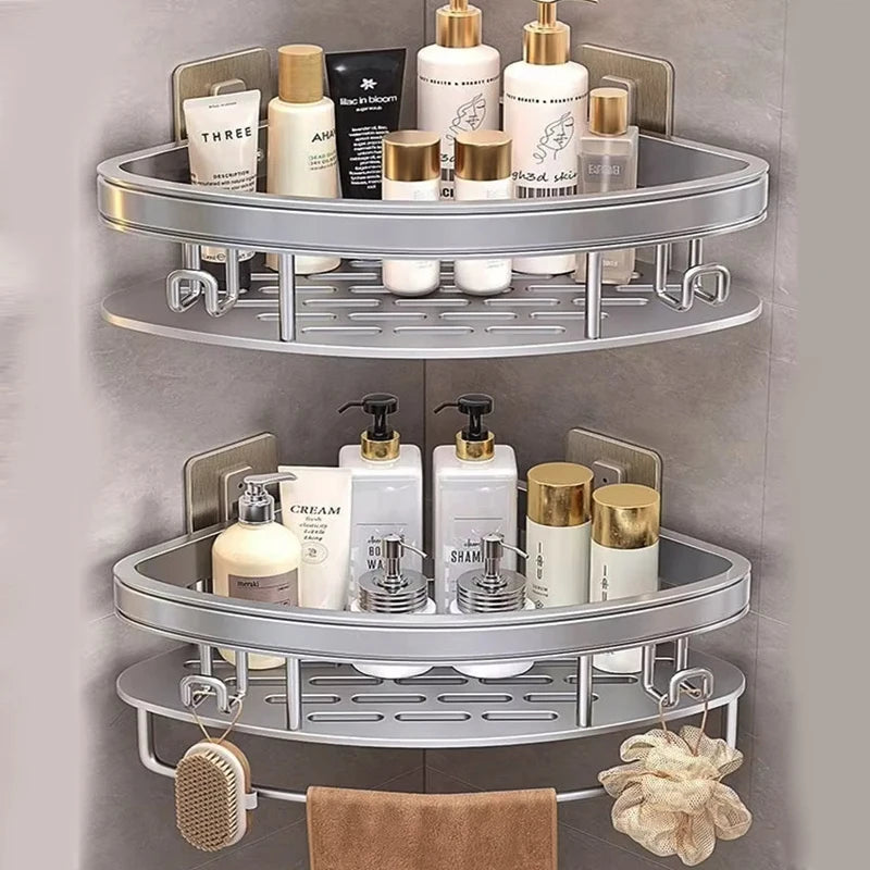 No Need to Drill Walls for Installation Aluminum Bathroom Shelf Shelves Shampoo Rack Storage Holder Kitchen Organizer