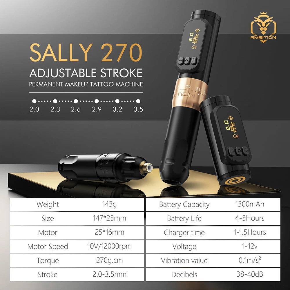 Ambition Sally 270 Wireless Tattoo Machine adjustable stroke 2.0-3.5mm Permanent Makeup Rotary Pen Coreless Motor Tattoo Suppy