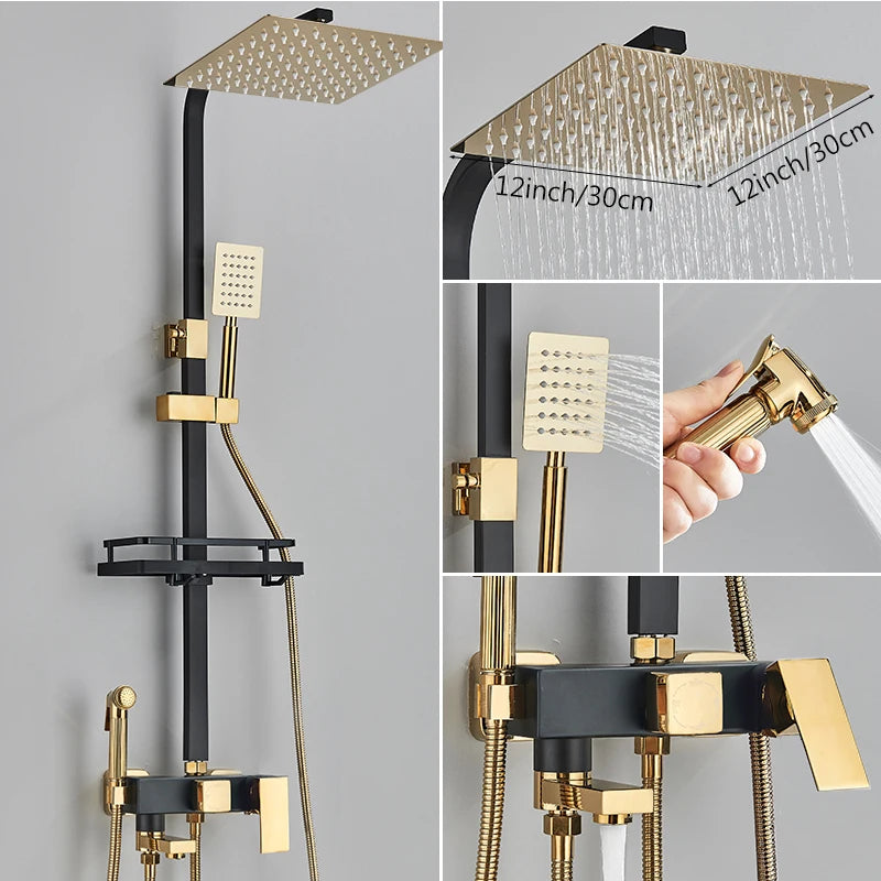 Black Gold Bathroom Shower System Brass Hot Cold Bathroom Faucets Set Accessories 10 Inch Stainless Steel Rain Shower Head