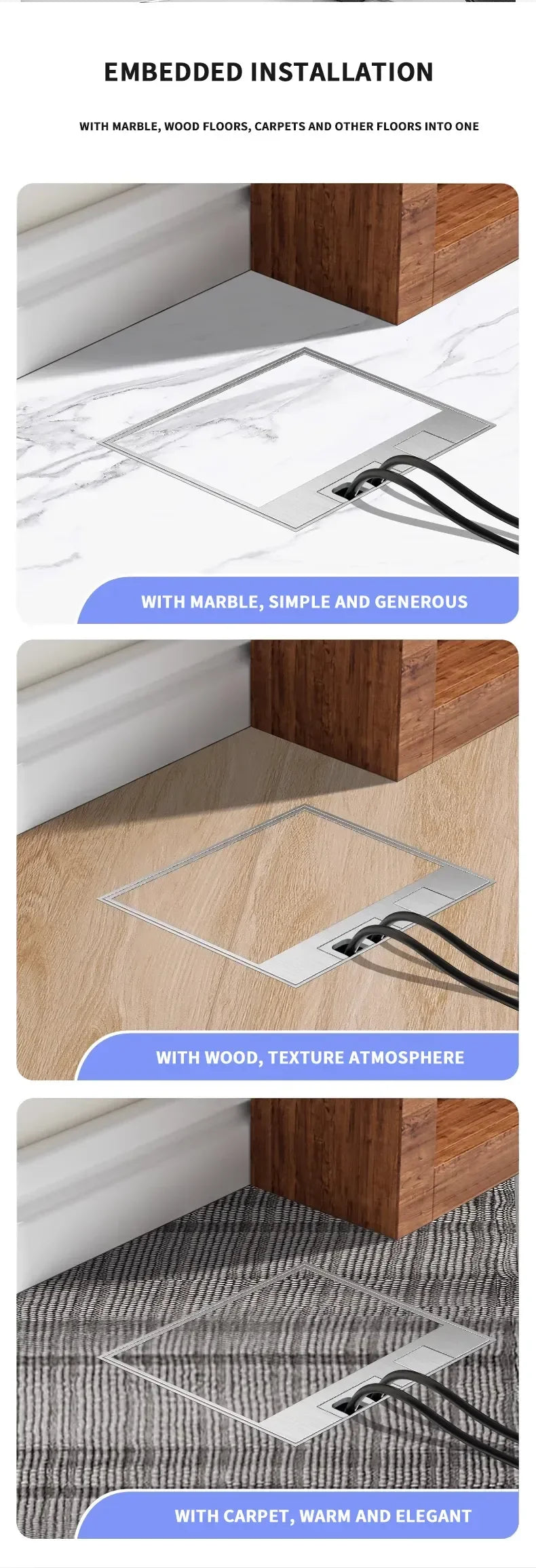 Modern Flat Floor Socket 130mm- Embedded with USB Ports, 304 Stainless Steel - Waterproof Integration with Marble Flooring