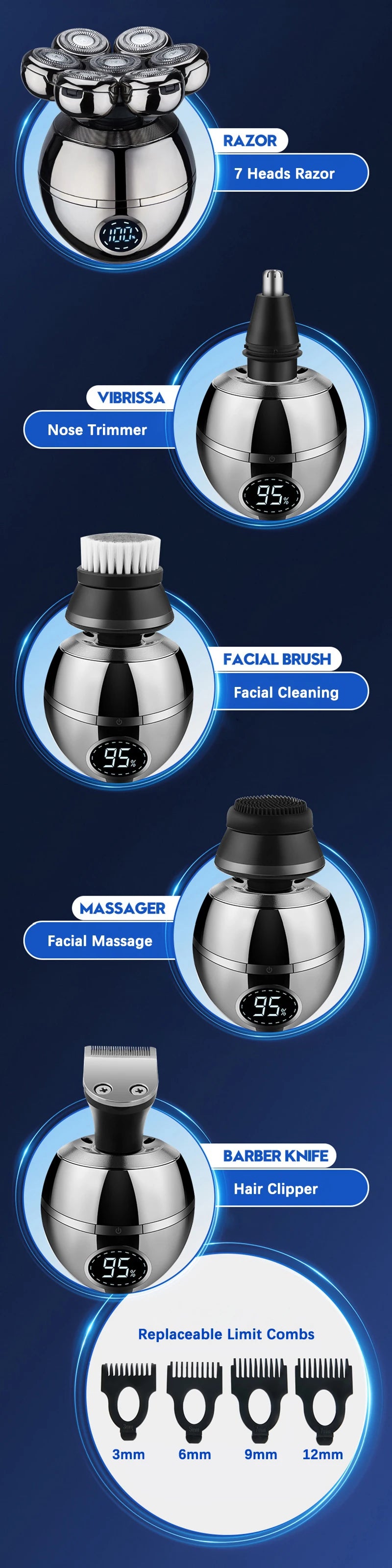 Electric Shaver 7D Floating Cutter Head Base Charging Portable Men Beard Trimmer Clipper Rechargeable Bald Head Electric Razor