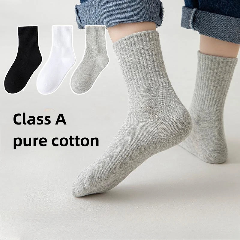 Horetong 5 Pairs Pure Cotton Soft Student Socks Breathable Absorbing Sweat Sport Socks Boys Girls Middle Tube Sock For 3-13 Year