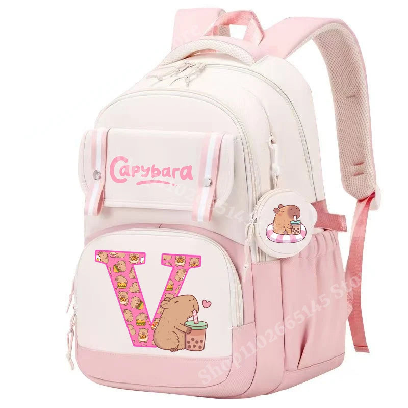 Capibara Cute Backpack Girl Anime Capybara Letter A-Z School Bags Kids Outdoor Sport Shoulders Bag Travel Rucksack Children Gift