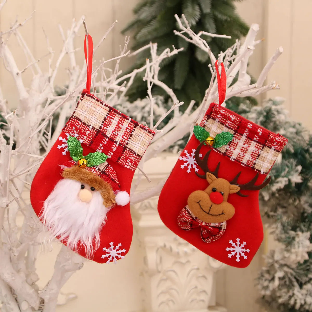 4PCS Red Christmas Stocking Brown Plaid Sock Mouth Santa Claus Snowman Reindeer Bear Doll Christmas Stocking New Year Home Decor