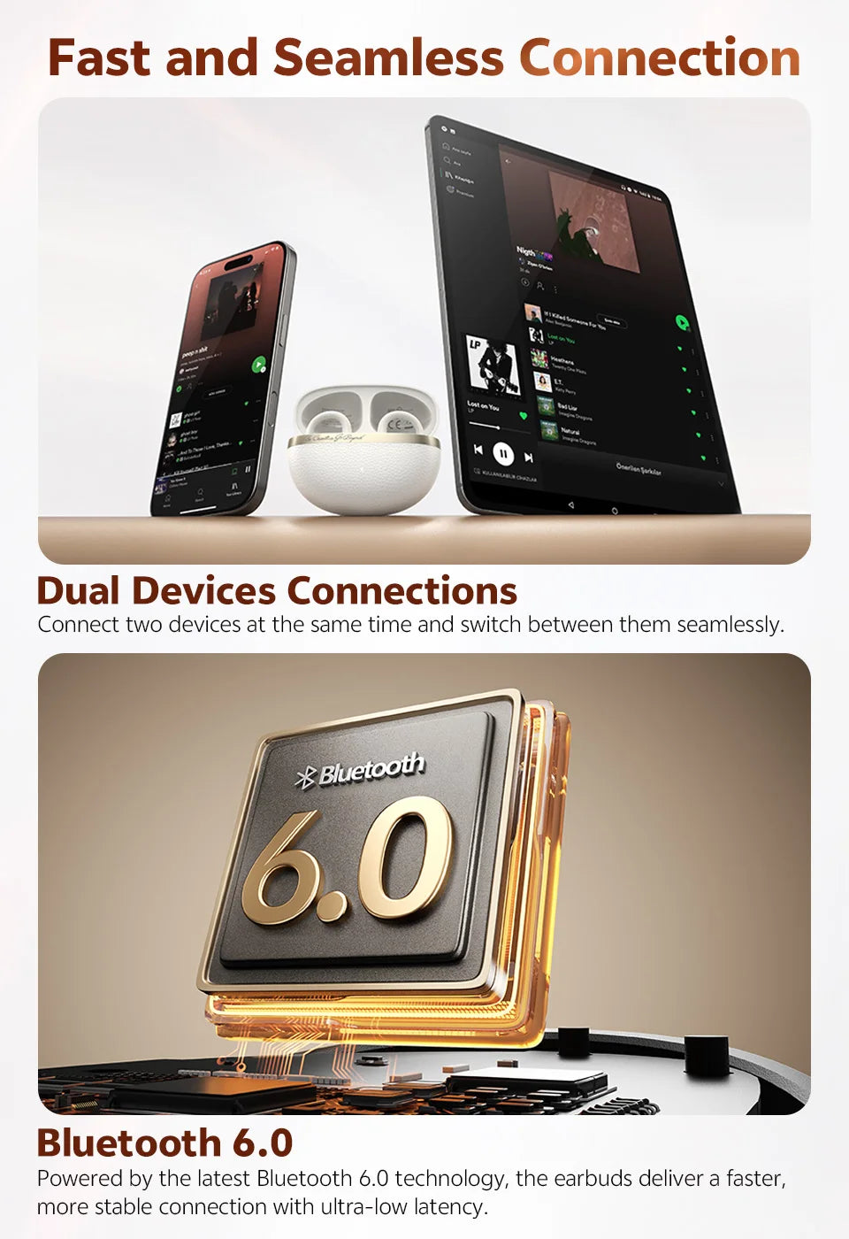 QCY Crossky C50 Open Ear Wireless Earbuds Bluetooth 6.0 Comfort Clip On Sports Earphone 4 Mic AI Clear Call Bass Boost Headphone