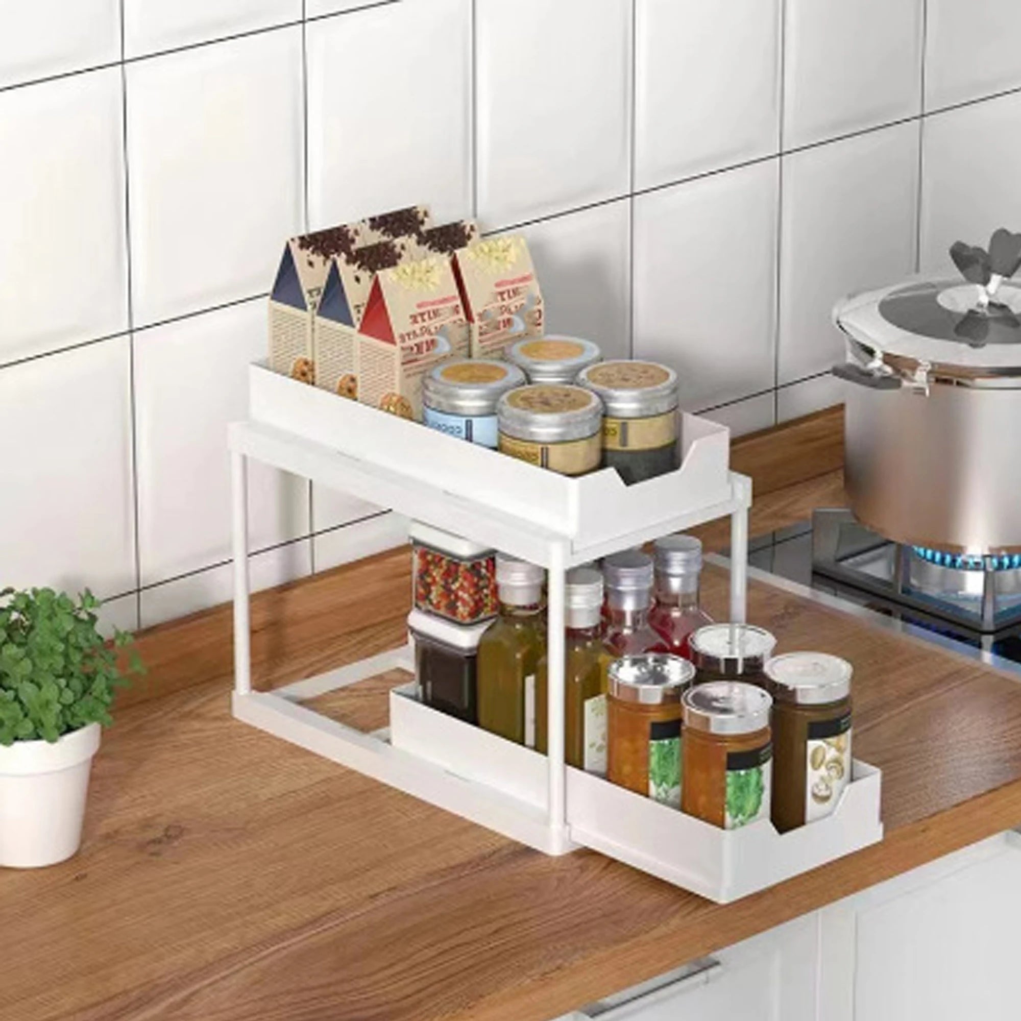 Double-Layer Pull-Out Kitchen Storage Rack, Non-Slip, Stable, Multi-Functional Storage Box with Five Hooks, under Sink Brush, Double-Layer Drawer Storage Rack, Suitable for Kitchen and Bathroom Countertop Sink Storage