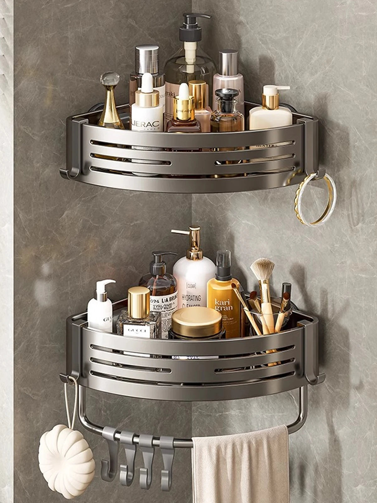 Triangular Shower Shelf with Hooks Suction Cup No Drill Bathroom Organizer Aluminum Corner Rack for Shampoo Soap Kitchen Storage