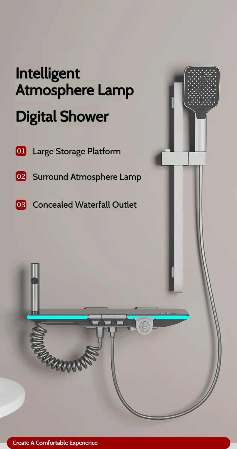 Grey Brass Waterfall Wall Mount Smart Temperature Digital Display Bathtub Faucet Bathroom Faucet Bath Shower Faucet Mixer Crane