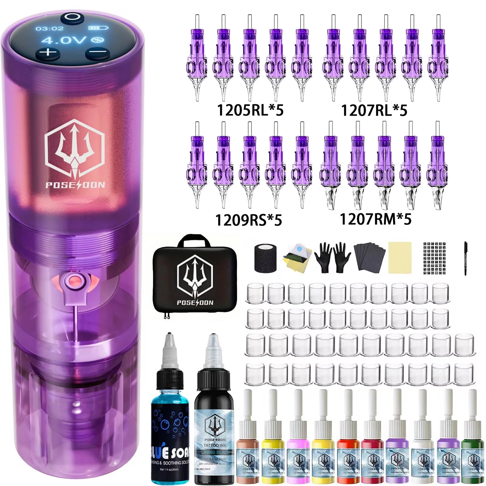 Tattoo Kit POSEIDON High Power Tattoo Pen Kit For Permanent Makeup Tattoo Machine Kit Hot Purple Tattoo Power Supply Tattoo Gun