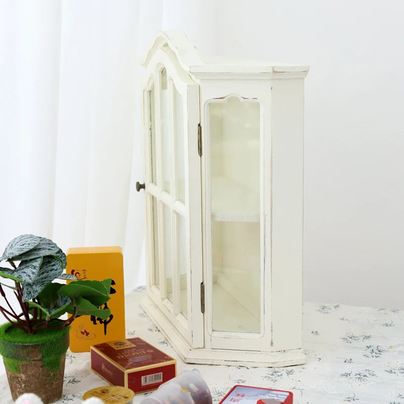 ‌Rustic Farmhouse Display Cabinet with Glass Doors Distressed White Solid Wood Storage Organizer for Kitchen/Office Vintage