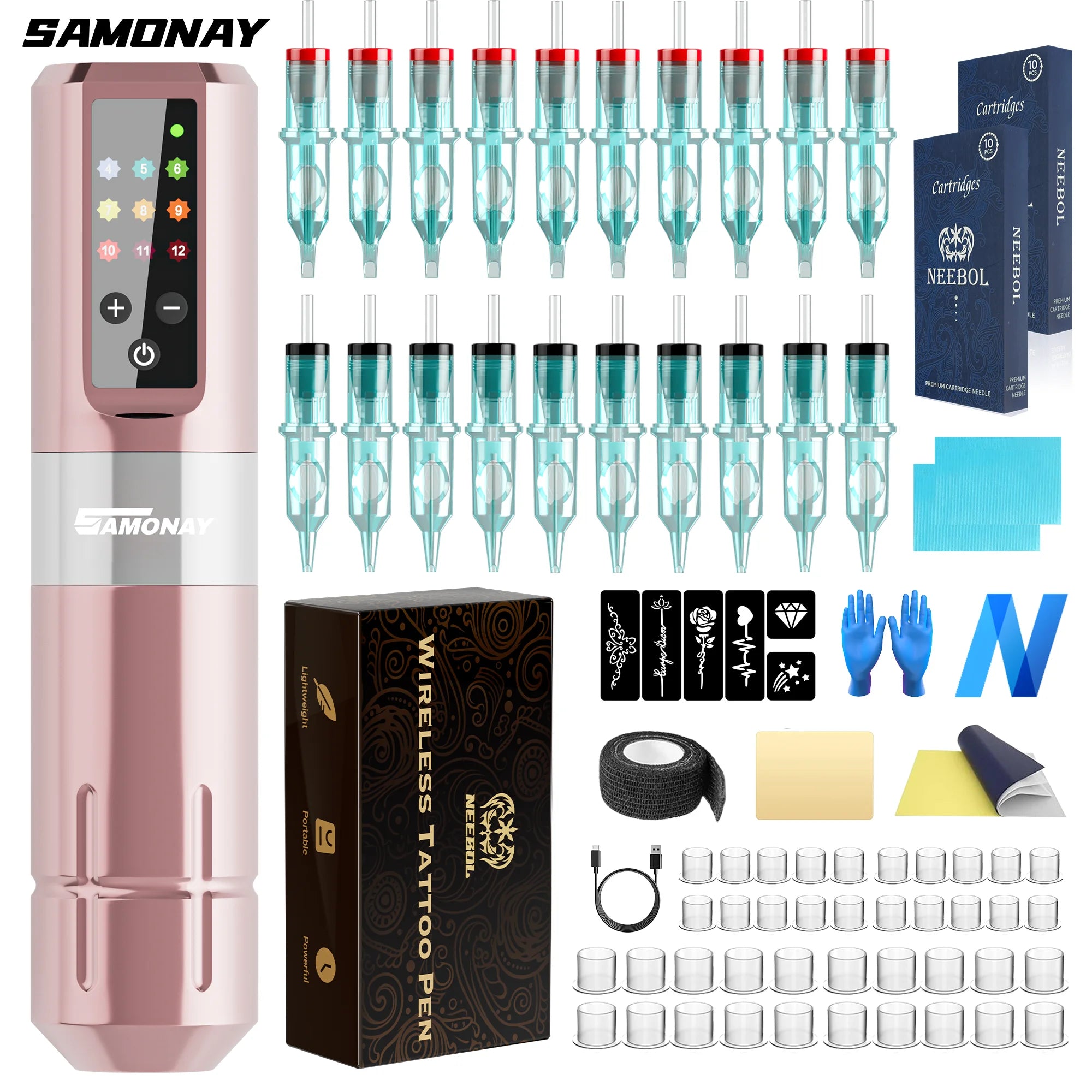 NeebolRotary Wireless Tattoo Machine Kit Complete Tattoo Set with 20PCS Cartridge Needle Permanent Makeup Tool for Tattoo Artist