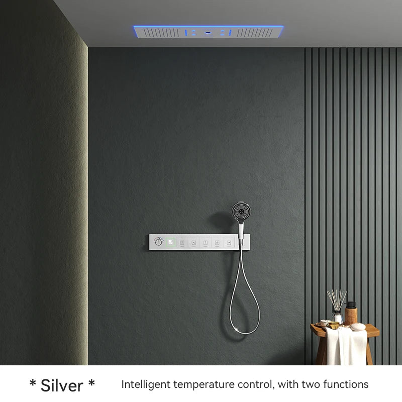 Luxury Ceiling Shower System Set Concealed Thermostatic Brass Digital Display Hydro Generator Rainfall  with Light and Bluetooth