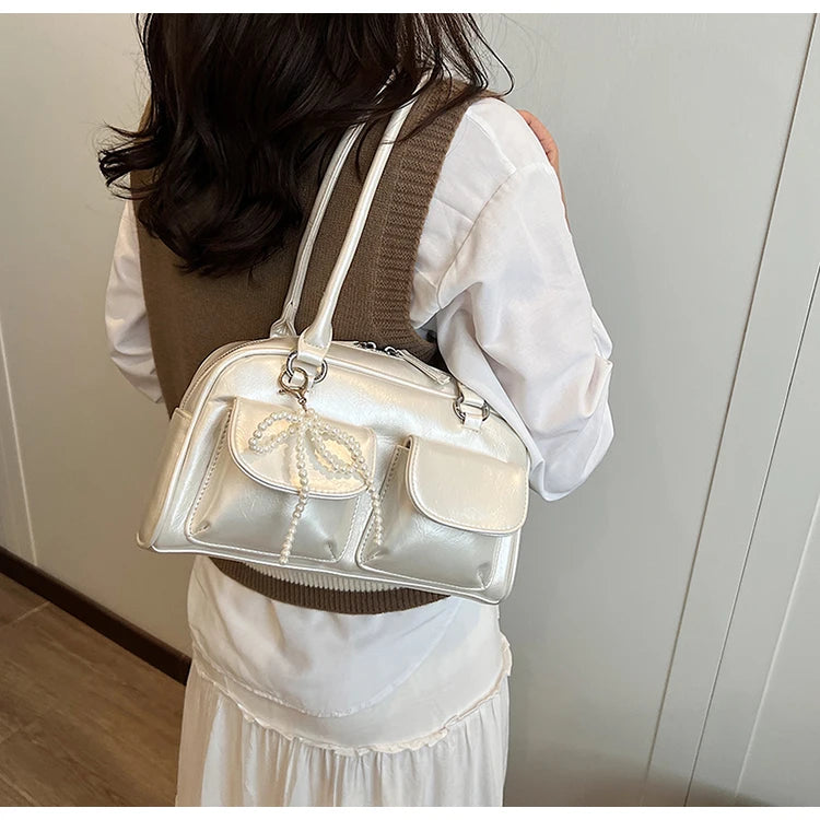 Solid Sewing Thread Fashion Glossy PU Shoulder Bags Baguette Versatile Hand Bags 2025 Hot Sale Bags for Women Bolsas Femininas