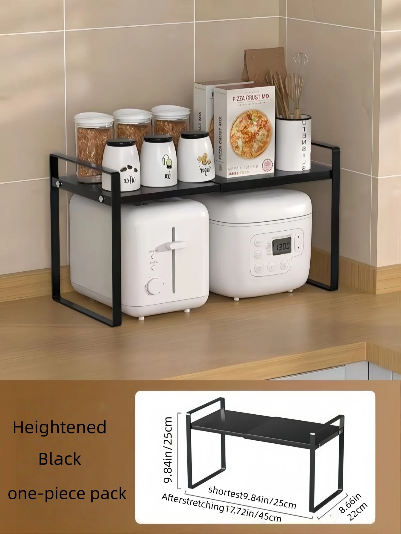 Kitchen cabinet multi-level shelf storage rack, seasoning storage rack, expandable home storage space, heavy-duty metal black