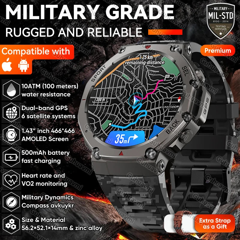 New T-Rex 3 Pro Dual-Band GPS Military Smart Watch 48mm 10ATM Water-Resistant 500mAh Battery Compass Altimeter AGPS Smart Watch