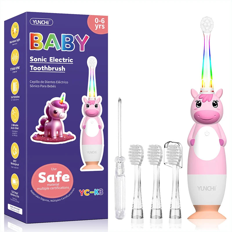 Toddler Sonic Electric Toothbrush for Baby with Cute Unicorn Cover and Smart LED Timer Soft Microfiber Bristles 4 Brush Heads