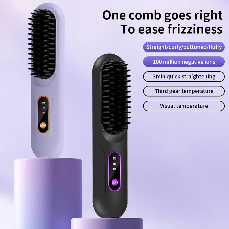 Electric Heating Straight Hair Comb LCD Screen USB Wireless Portable Negative Ion Styling Tool Rechargeable Straightening Brush