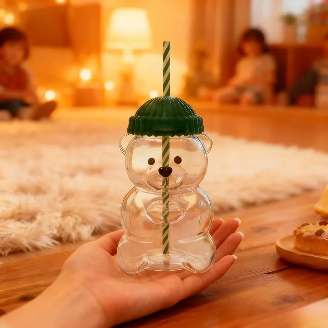 New Bear Straw Glass Cup Perfect for Juices,Milk Tea,Smoothies Water,Drinkware cup for Home, Bar & Office, Christmas Gift Idea