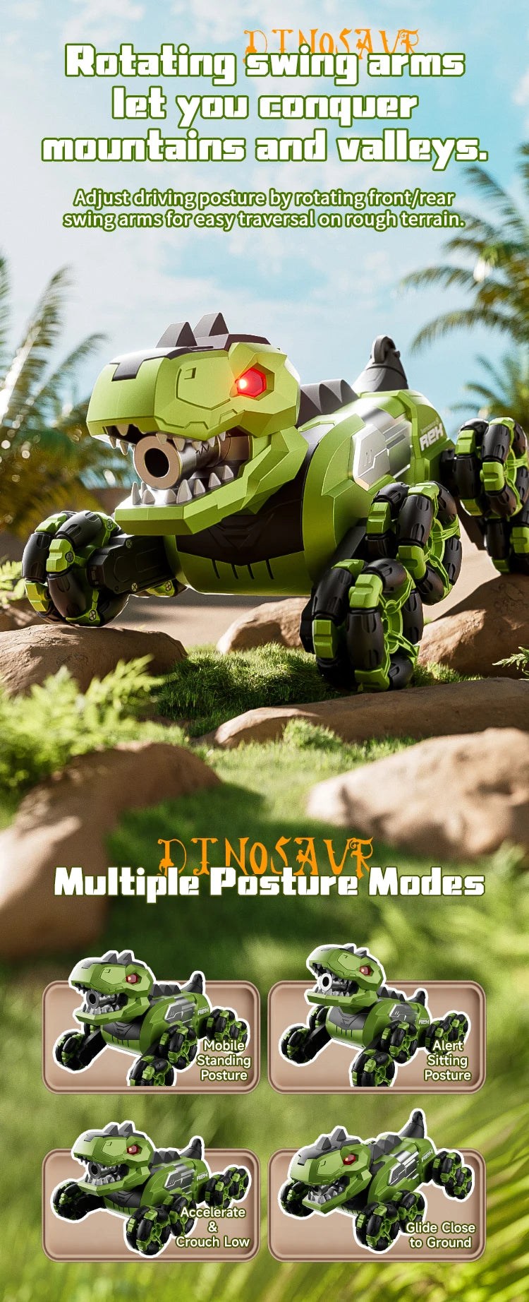 Y12 New Remote Control Dinosaur Stunt Car RC Drift Car Spray Mist Articulated Arms Transforming 8WD Off-Road Vehicle Toy for Kid