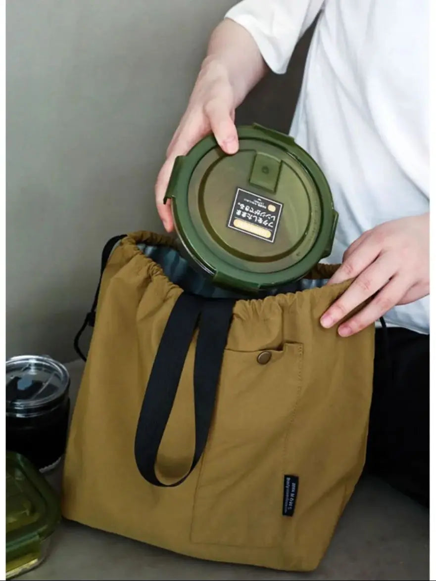 Japanese Korean Lunch Bag Cotton Canvas Large Solid Color Drawstring Portable Thermal Insulated Picnic Storage Bento Box Bag