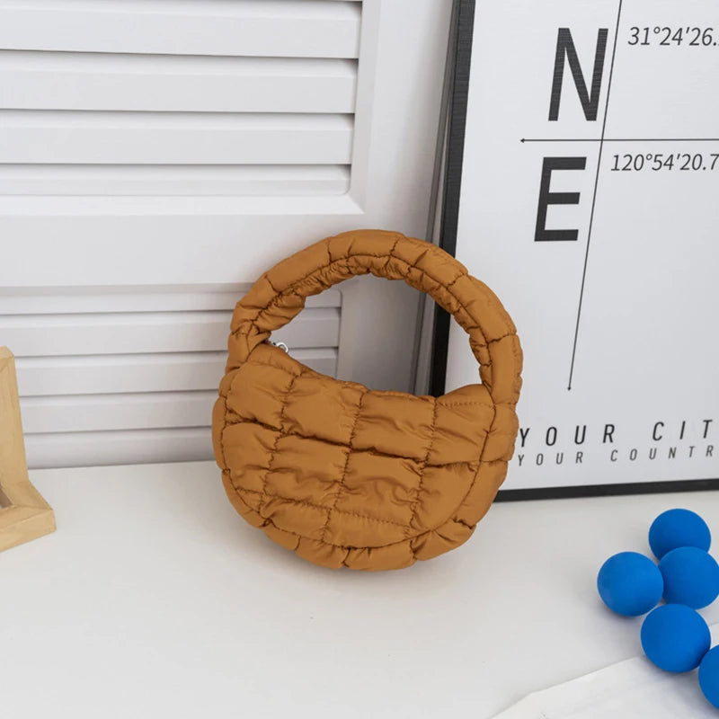 Candy bag Fashion Mini Puffer Tote Bag Quilted Circle Phone Purse  Elegant  Soft Nylon Padded Key Pouch Simple Trend Handbag