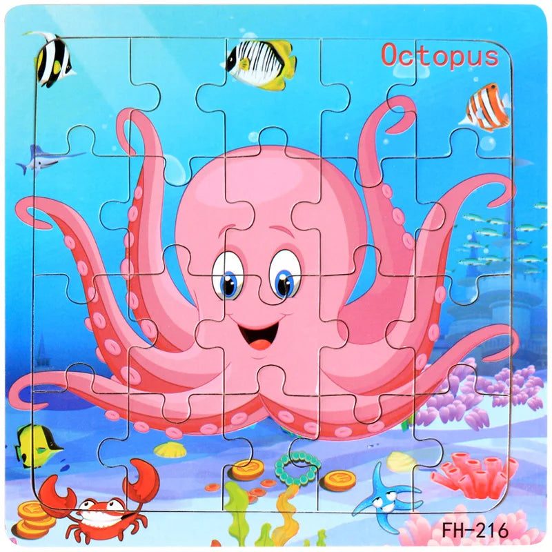 20piece Wooden Puzzle Cartoon Animals Car Letter Number Pattern Jigsaw Puzzles Game Kids Educational Learning Toys for Children