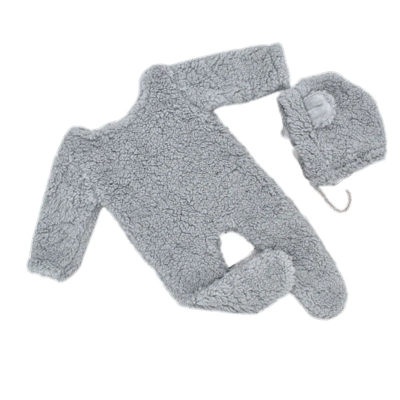 2Pcs Photography Props for Baby Boy Girls Unisex Jumpsuit Bear Ear Hat Footed Romper Newborn Photoshooting Accessories