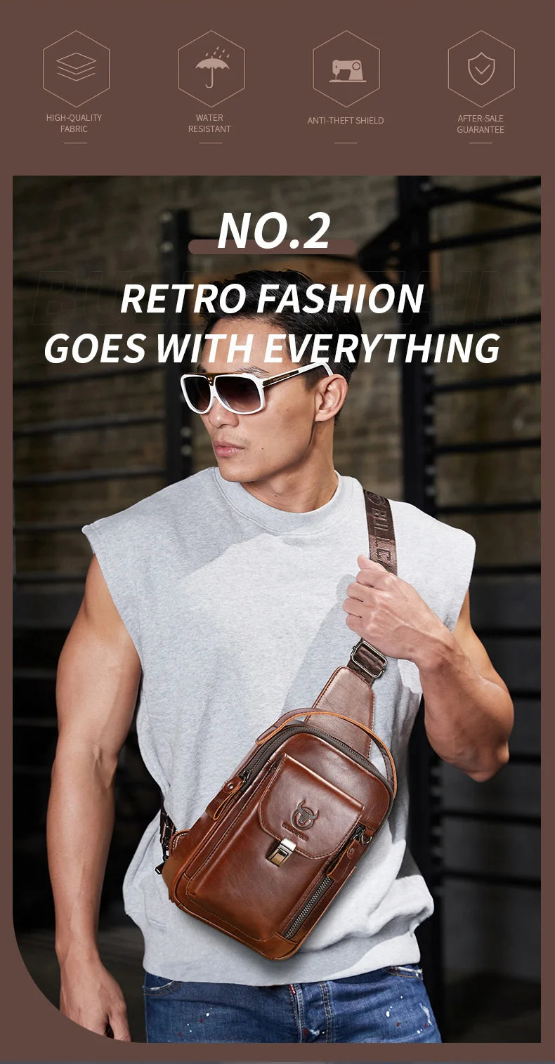 BULLCAPTAIN Men's Genuine Leather Chest Bag Casual Retro 7.9-inch Mobile Phone Bag Multifunctional Anti-Theft Crossbody Bag