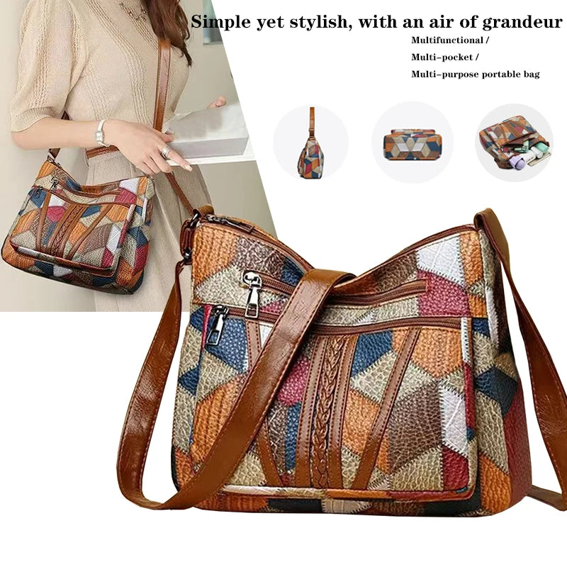 Neutral style backpack for moms with a strap design. Single shoulder bag with a patchwork pattern. Adjustable shoulder strap.