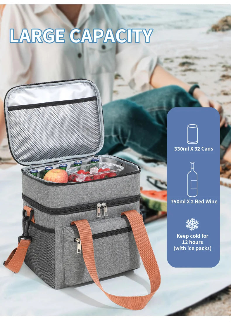 1PC Large Capacity Lunch Bag Double Layers Thermal Insulation Picnic Bag Food Drink Storage Tote With Shoulder Strap Cooler Bags