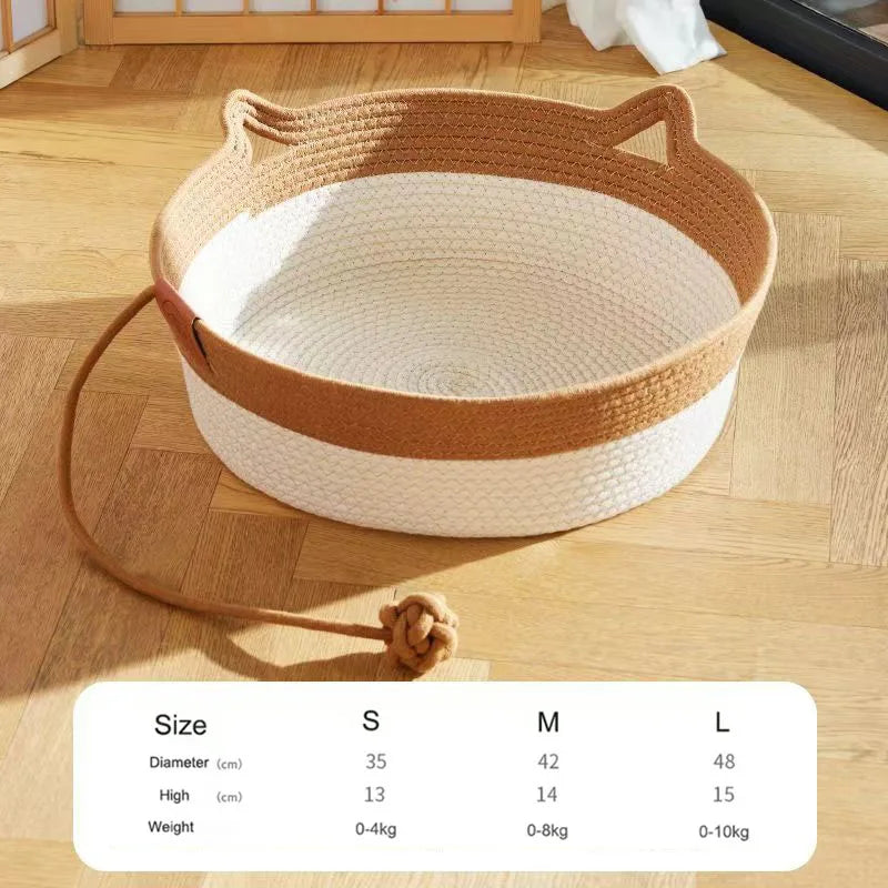 Japanese Pet Cat Bed Round Hand Woven Rattan Cat Beds Summer Cooling Kitten Basket Cotton Rope Cat Scratching Baskets