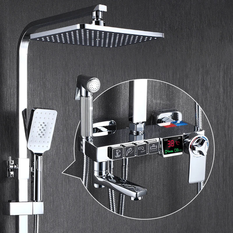 Thermostatic Digital Bathroom Shower Set Rainfall Shower Head Brass Bathroom Faucet Accessories Hot Cold Digital Shower System