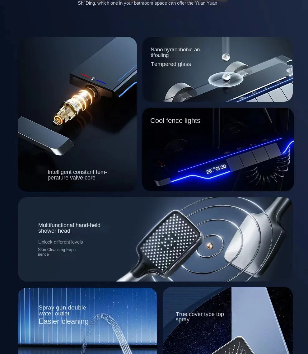 Luxury Wall Mounted Smart Button Digital Display Shower Set Thermostat System Glass Countertop Bathroom Brass Rain Shower Set