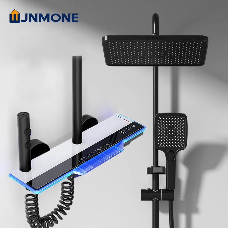 Ambient Light Bathroom Shower Full Set Wall Mount Bathtub Mixer Rain Digital Display Black Shower System Waterfall Shower Faucet