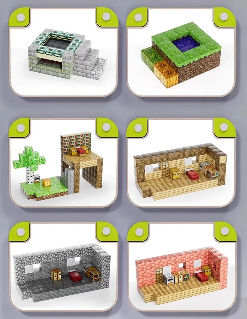 Magnetic building block toy storage box set, with figurines included, children's DIY assembly toys, tabletop play blocks