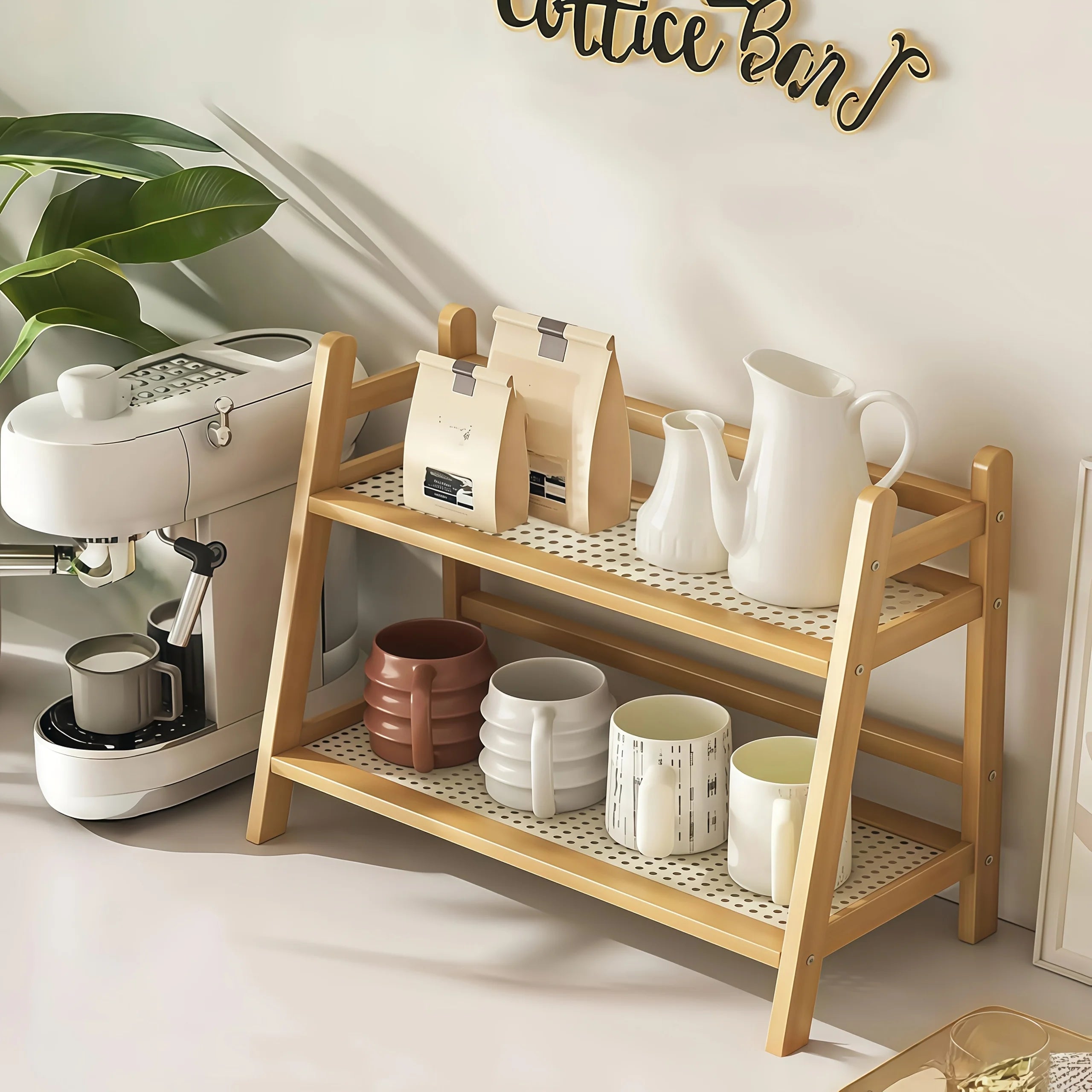 2-Tier Bamboo Shelf, Bohemian Wood Finish. Perfect for Mugs, Plants, Cosmetics & More. Save Space, Stylish Storage!