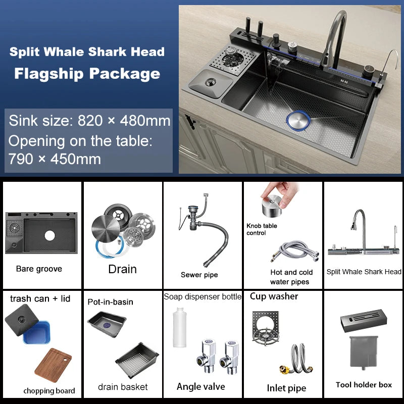 Kitchen Sink Stainless Steel Waterfall Sinks Extra Large Single Slot with Digital Display Faucet Set For kitchen