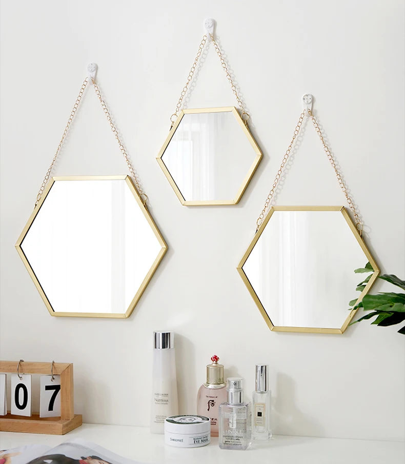 Hexagon Shape Decorative Mirror Wall Decor Makeup Hanging Mirror Bathroom Cosmetic Mirror Bedroom Room Wall Decoration