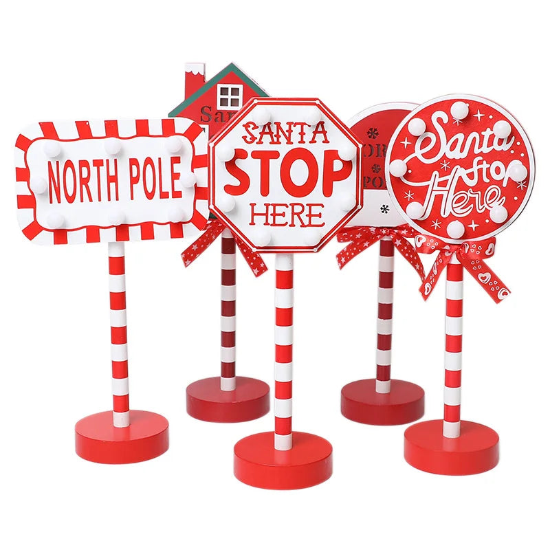 Christmas Retro Lamp LED Light Santa Stop Here Street Sign Xmas Wooden Desktop Home Decoration Navidad 2025 New Year Kids Gift