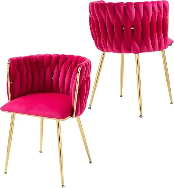 Velvet Dining Chairs Set of 2, Woven Upholstered Dining Chairs with Gold Metal Legs, Modern Accent Chairs for Living Room,