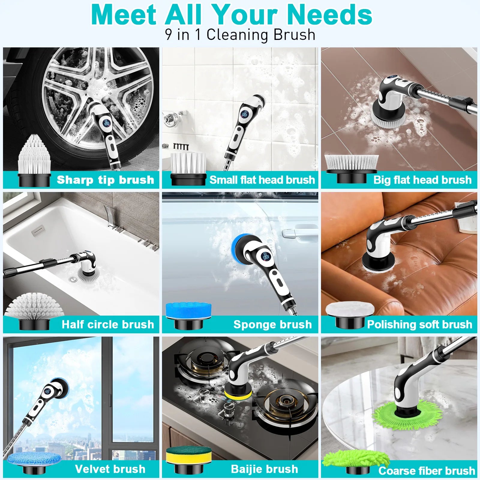 Multifunctional Electric Cleaning Brush Voice Rechargeable Smart Rotary Cleaning Brush Kitchen Cleaning Brush