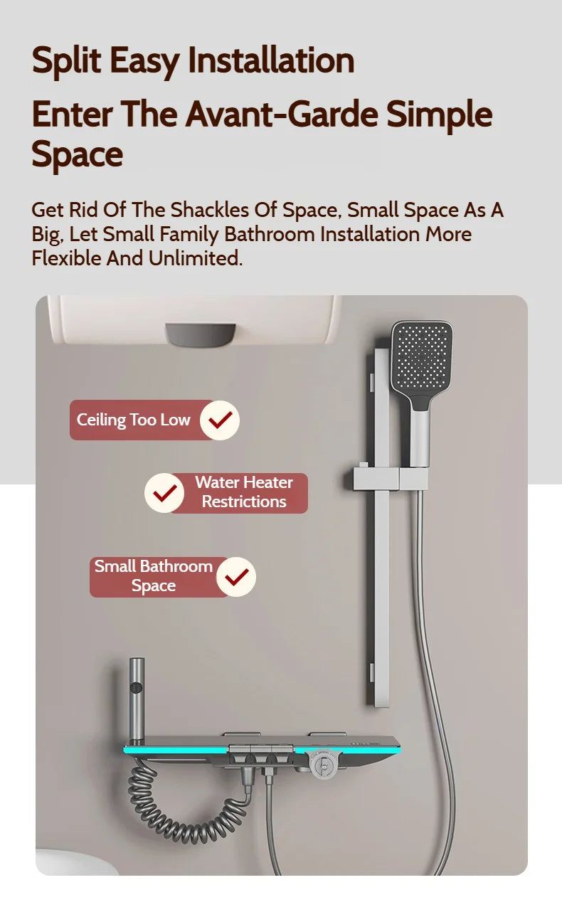 Grey Brass Waterfall Wall Mount Smart Temperature Digital Display Bathtub Faucet Bathroom Faucet Bath Shower Faucet Mixer Crane