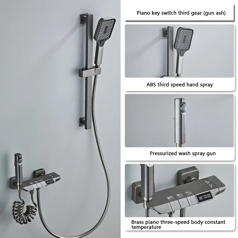 New Design Gun Grey Bathroom Shower System Set Piano Keys Brass LED Digital Shower Faucet Bath Hot and Cold Mixer Shower Tap Set