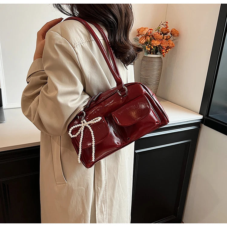 Solid Sewing Thread Fashion Glossy PU Shoulder Bags Baguette Versatile Hand Bags 2025 Hot Sale Bags for Women Bolsas Femininas