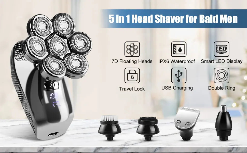 5 in1 Head Shavers for Men 7D, Cordless Bald Head Shaver Wet&Dry Waterproof Electric Razor for Men with LED Display Grooming Kit