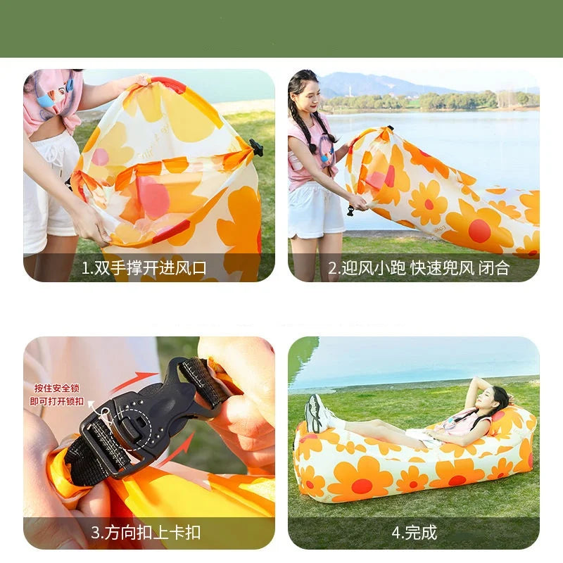 Outdoor Lazy Non Inflatable Sofa Folding Portable Air Cushion Bed Picnic Camping Yellow White Air Bed