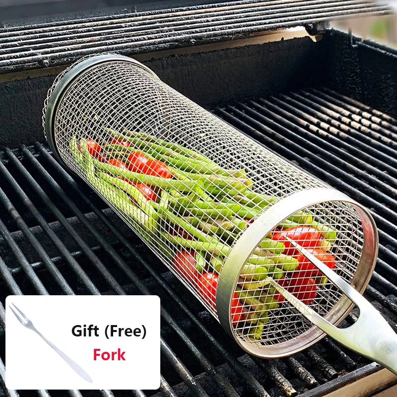 Rolling Bbq Basket- Greatest Grilling Basket Ever, Round Stainless Steel Grill Mesh, Camping Barbecue Rack For Vegetables,Fish