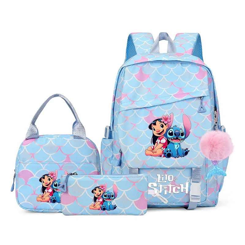 3Pcs Backpack Set Lilo Stitch Girl Kid Student Schoolbags Double Shoulder Bag Travel Pen Lunch Bag Kawaii Bookbag Laptop Bag Set