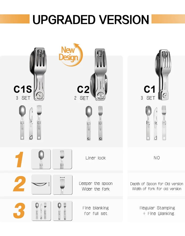 ROXON 3 IN 1 Camping Cutlery Set Knife Fork Spoon Stainless Steel Portable and Detachable