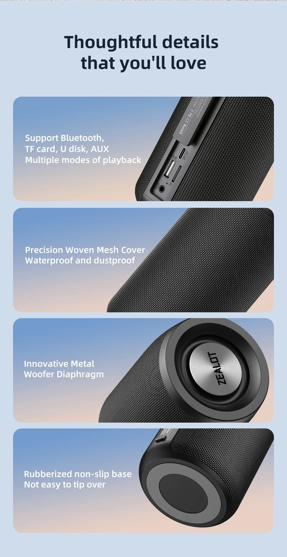 ZEALOT-S32 Mini Portable Bluetooth Speaker HIFI Subwoofer Wireless Speaker with fm Radio Column Support TF, TWS, USB